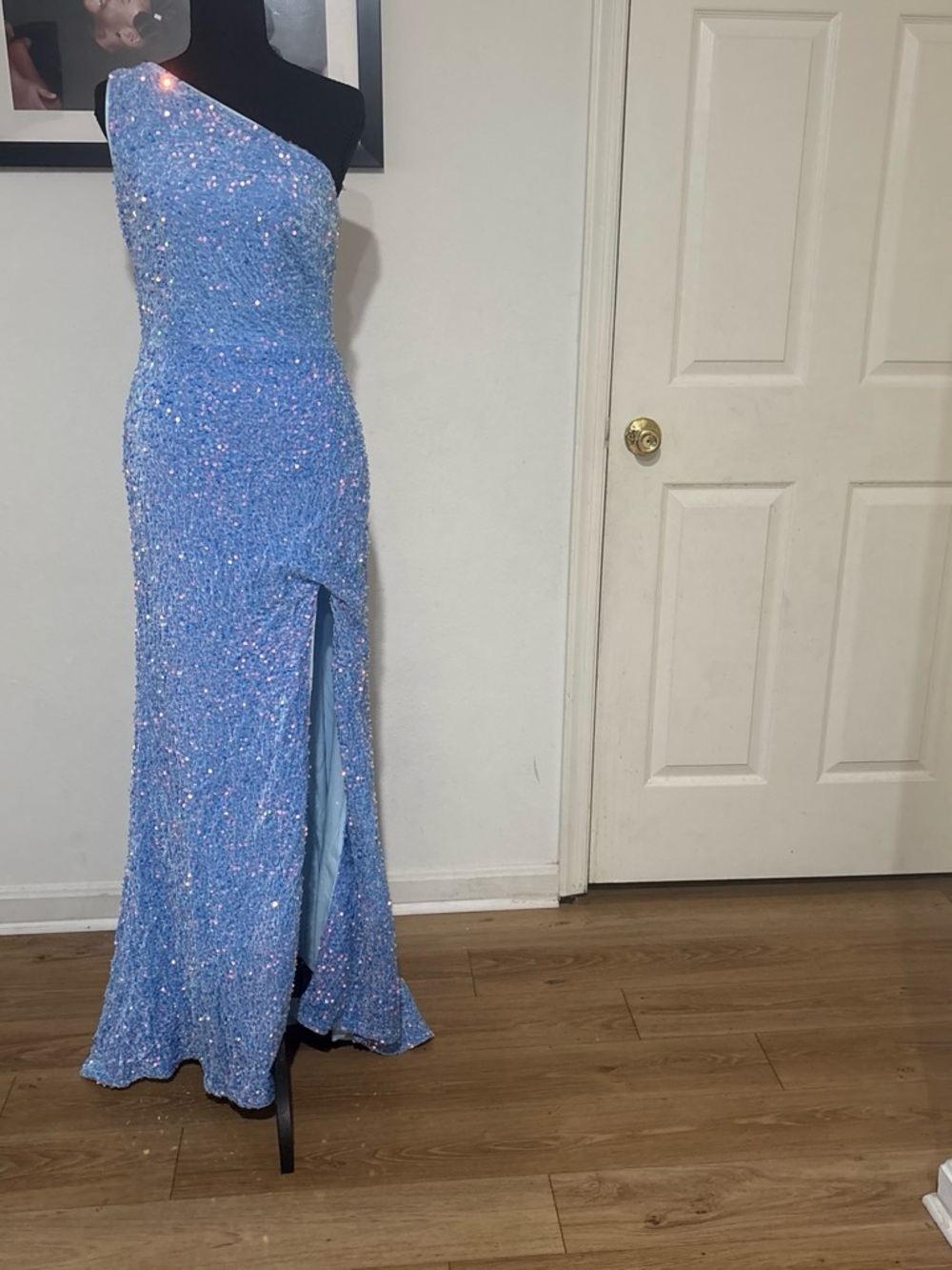 Lucy in the Sky One-Shoulder Sequin Gown in Light Blue